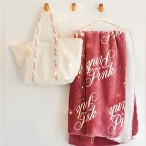 Victoria's Secret Pink Soft Begonia Sherpa Blanket 50" x 60" with Large Tote Set